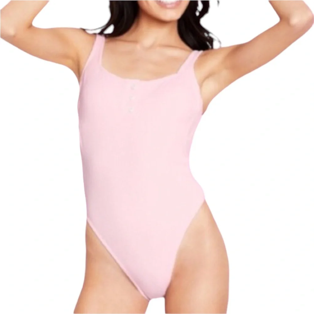 Stoney Clover Lane LIMITED EDITION Ribbed Henley One Piece Swimsuit in Pink